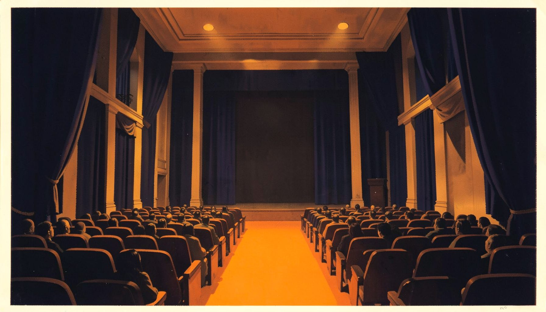 A matte gouache poster painting of a grand competition hall interior with warm amber stage lighting, deep navy curtains, and rows of empty seats receding into soft shadow. The mood is dignified and anticipatory.